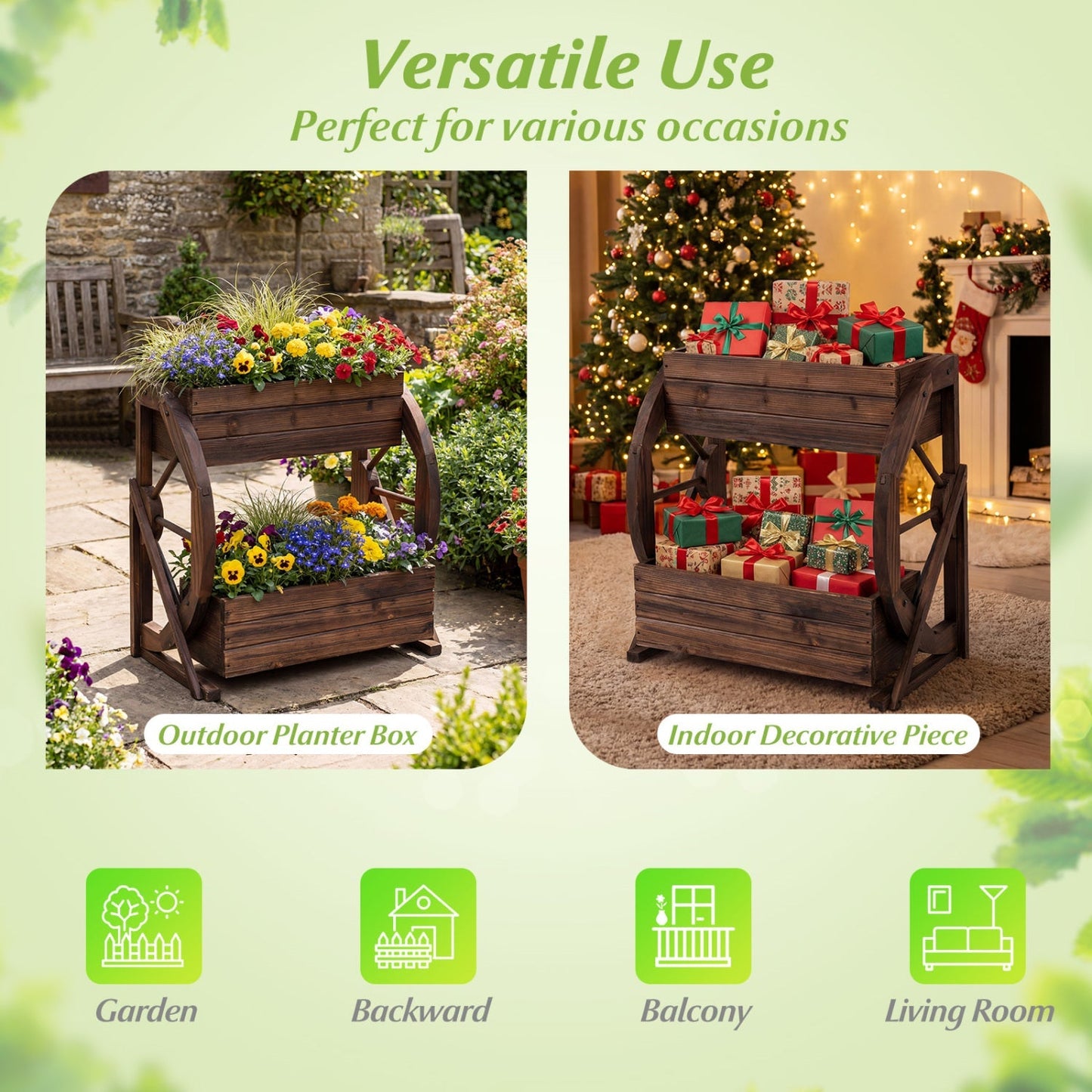 2-tier Raised Garden Bed Rustic Wood Wagon Planter with Drainage Holes and Semi-wheels-Coffee