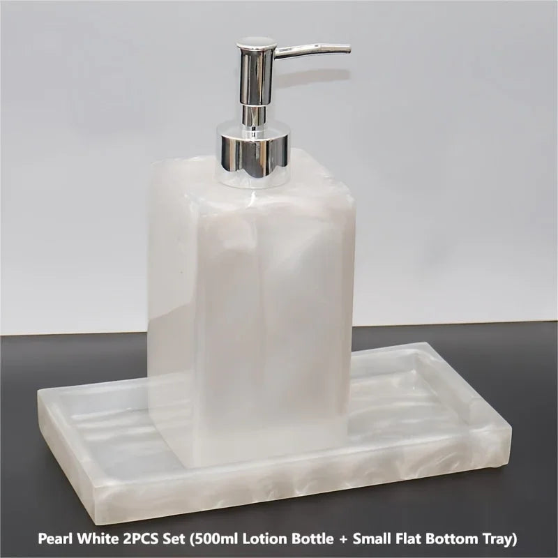 2pcs Bathroom Accessory Set, Marble Look, 500ml Soap Dispenser With Matching Tray, Elegant Countertop Decor