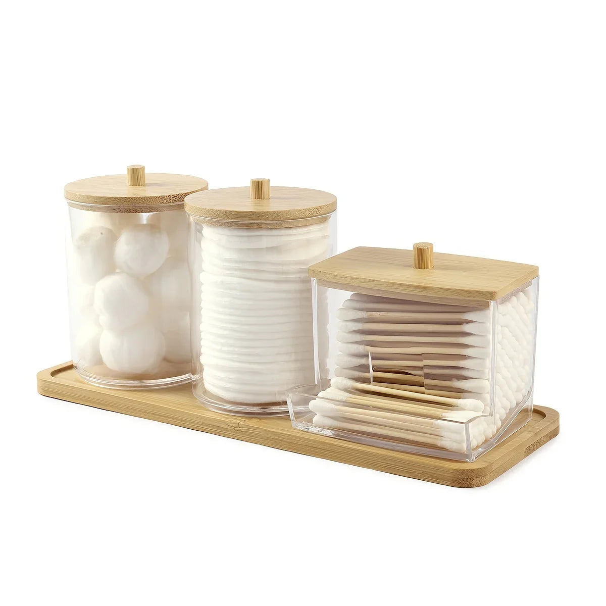 3-Pack Clear Acrylic Apothecary Jars with Bamboo Lids - Refillable Bathroom Organizers for Balls, Swabs, and Floss Picks - Flip-Top Dispensers with Tray