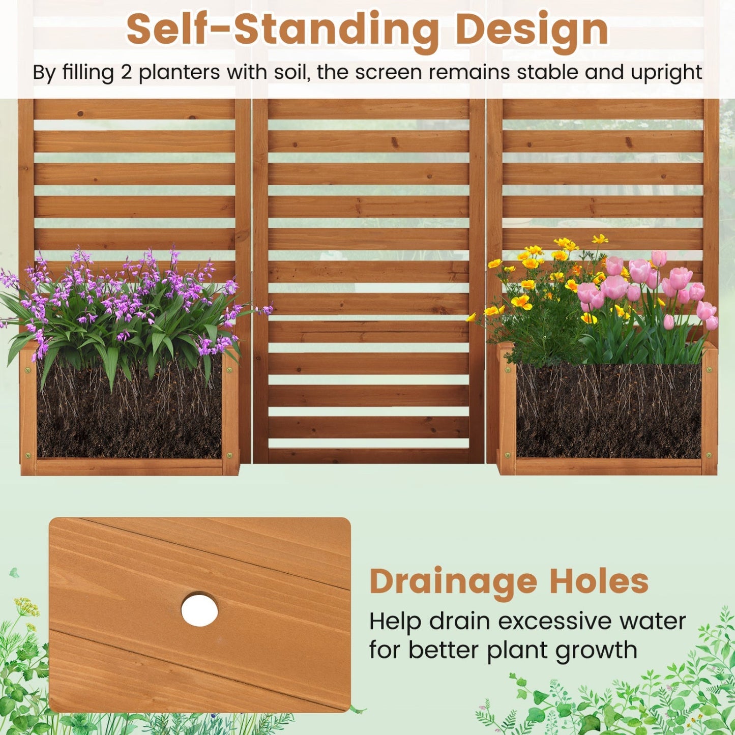 3-Panel Freestanding Garden Fence with 2 Planter Boxes - Yellow