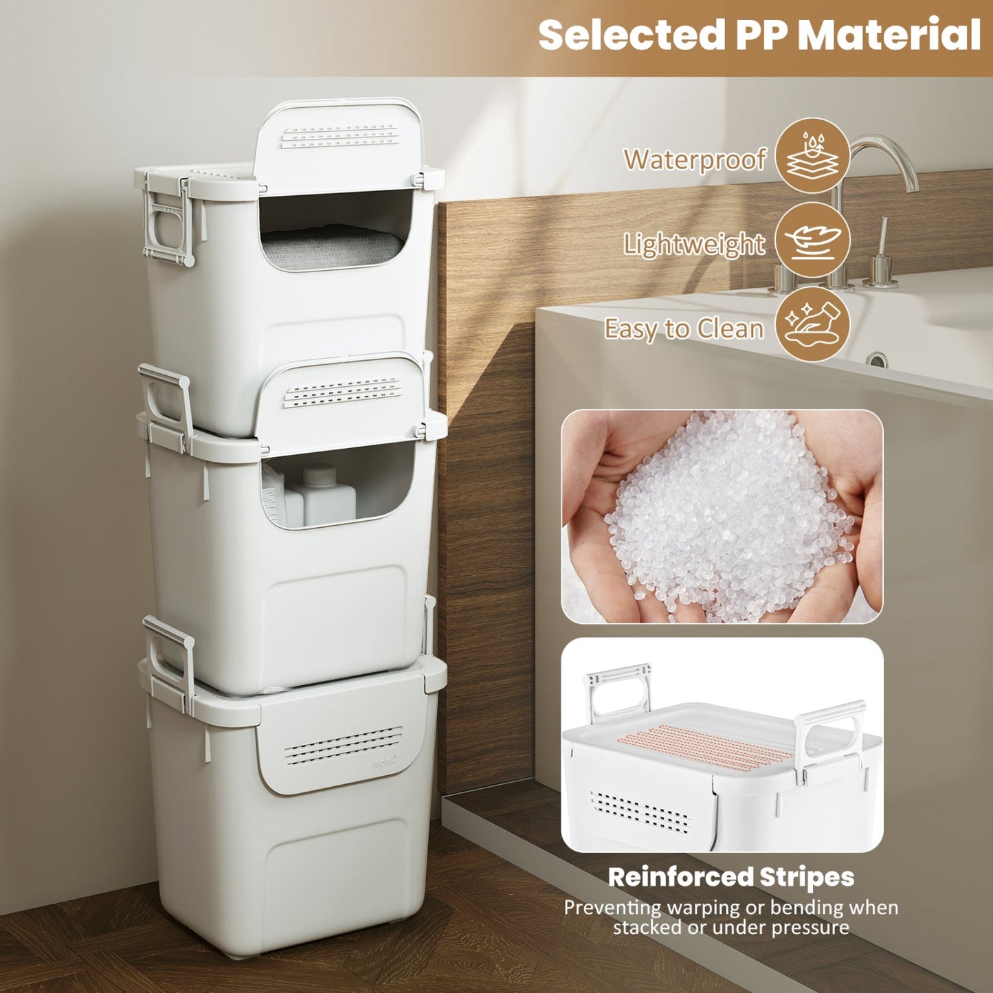 3 Pieces Plastic Storage Bins Stackable with Front Door and Side Handles-White
