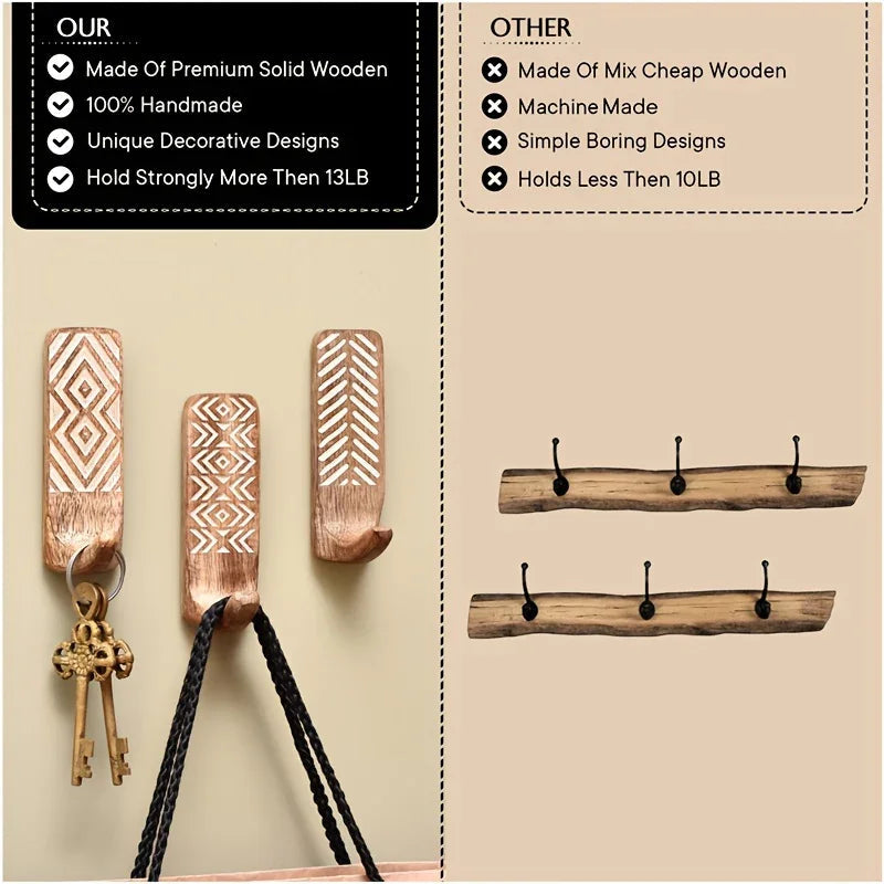 3pcs Boho Wooden Wall Hooks Set, Rust Resistant, Easy Install Adhesive, Perfect for Bathroom & Home Decor, Convenient Hanging for Clothes, Hats, Towels, Utility Hooks