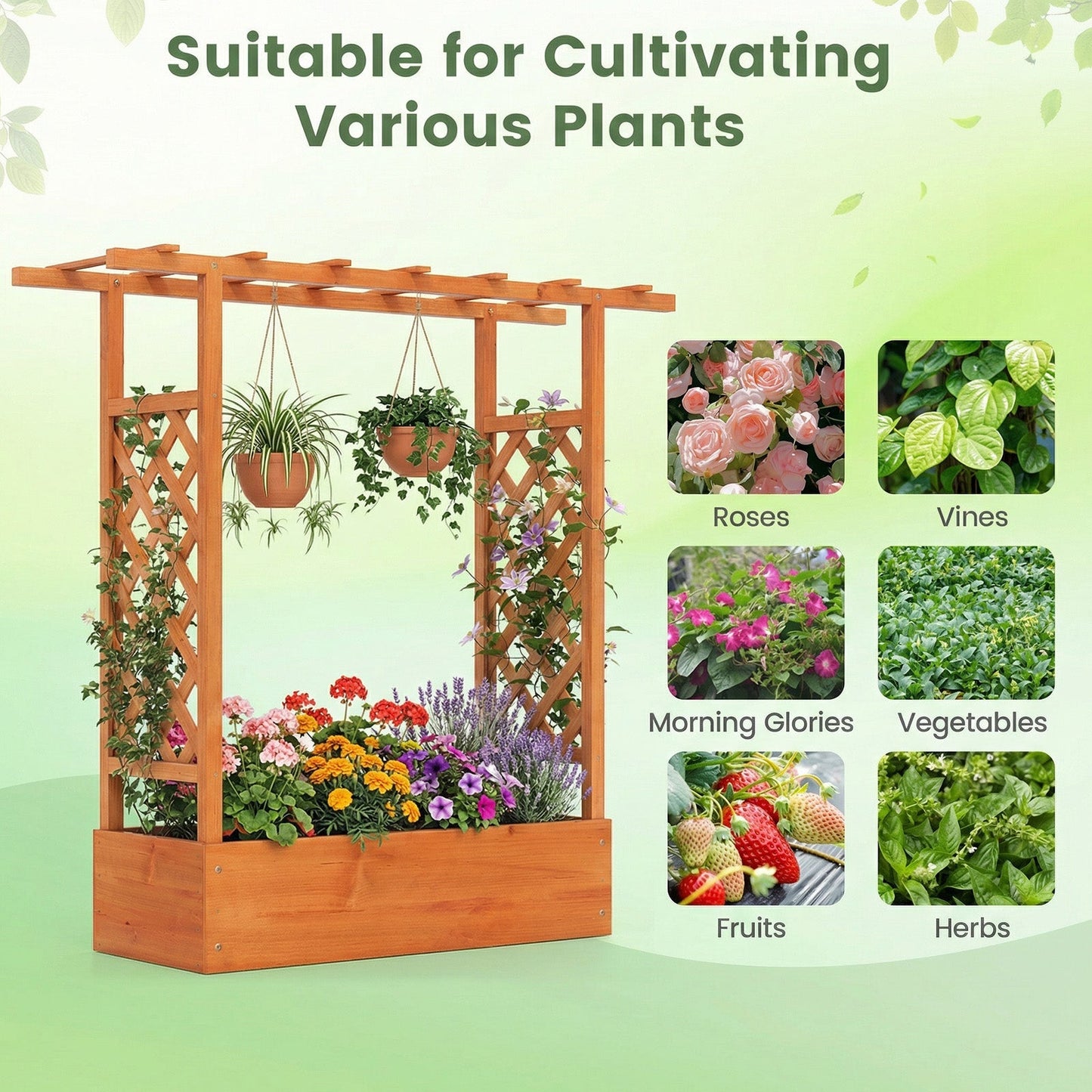 45 inch Tall Wooden Raised Garden Bed with Side Trellis and Hanging Roof