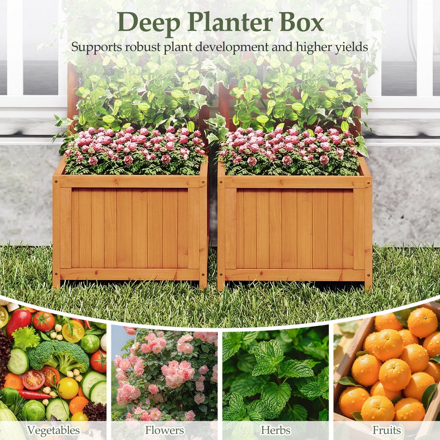 48 Inch Wood Raised Garden Bed with Trellis with Drainage Holes-Natural