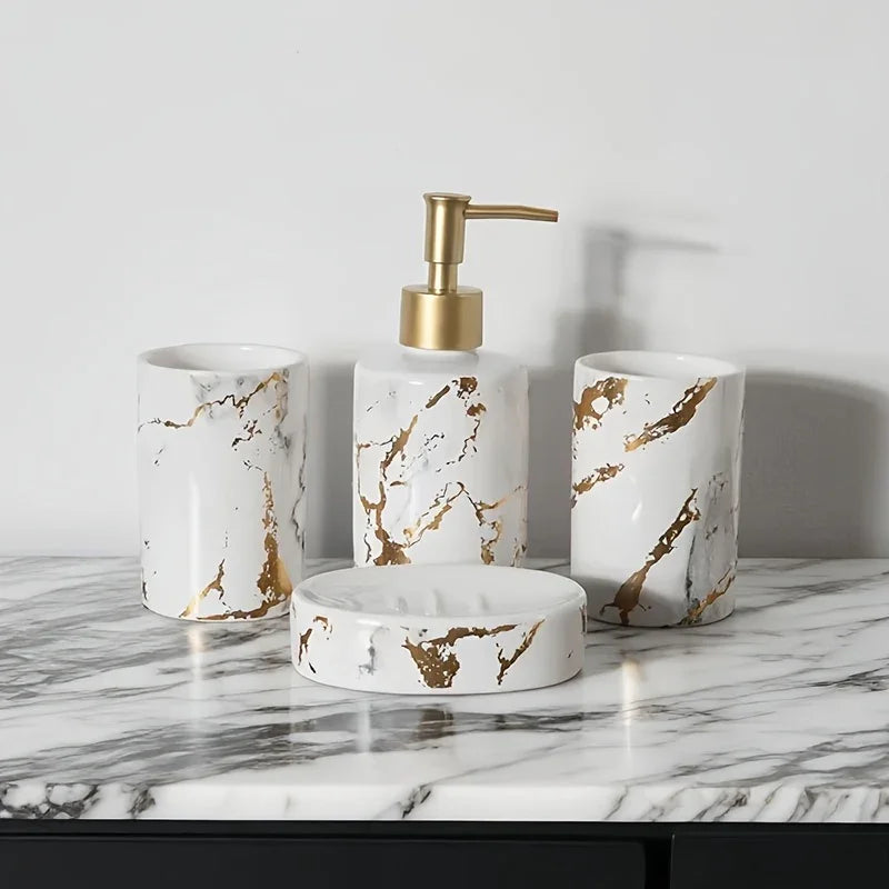 4pcs set of marble pattern, ceramic bathroom toiletry set, mouthwash cup, toothbrush cup, lotion bottle, soap box set bathroom wash high-end gift set, suitable for family hotel homestay bathroom use, ceramic material Nordic l