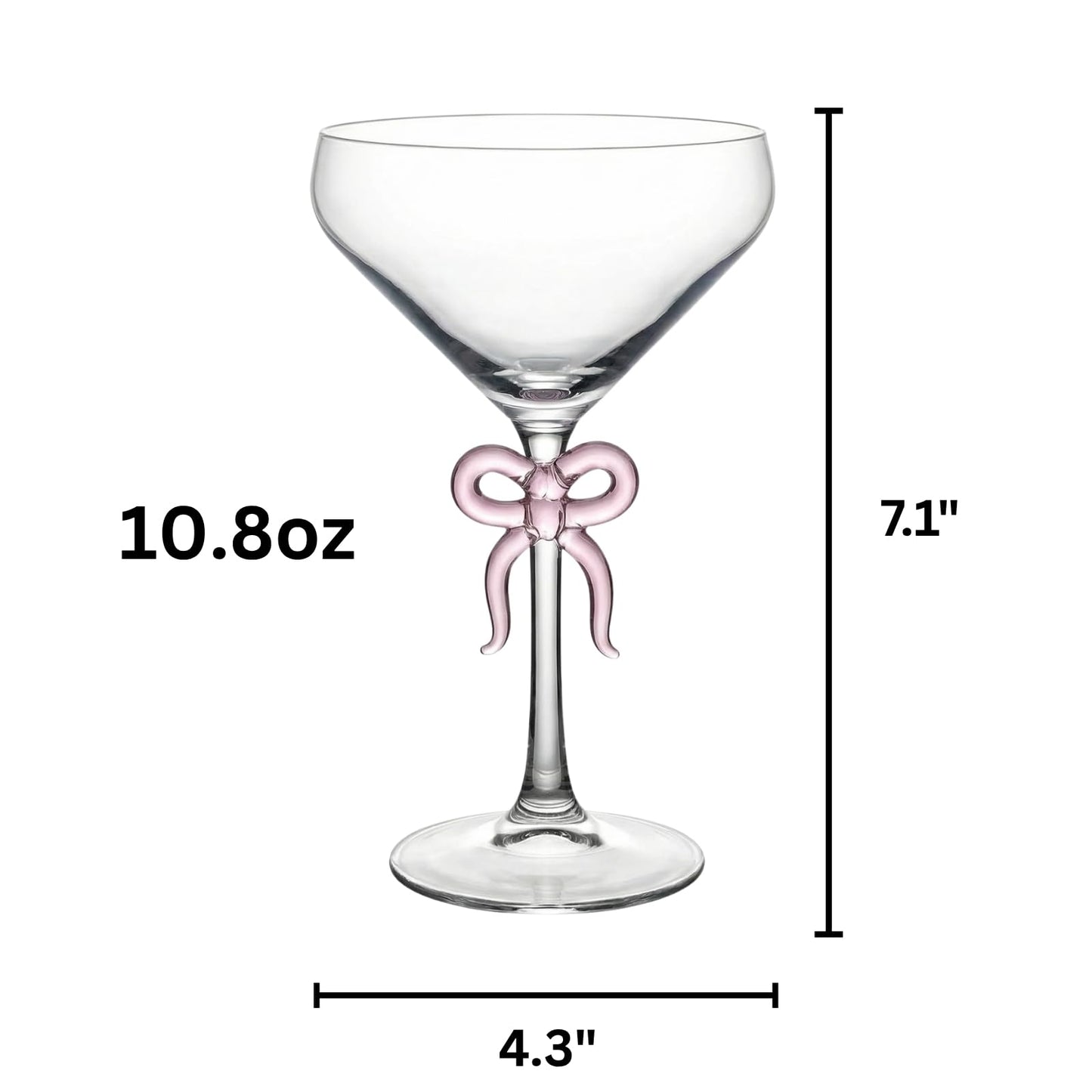 Single Clear Martini Glass with Pink Bow on Stem, One Piece