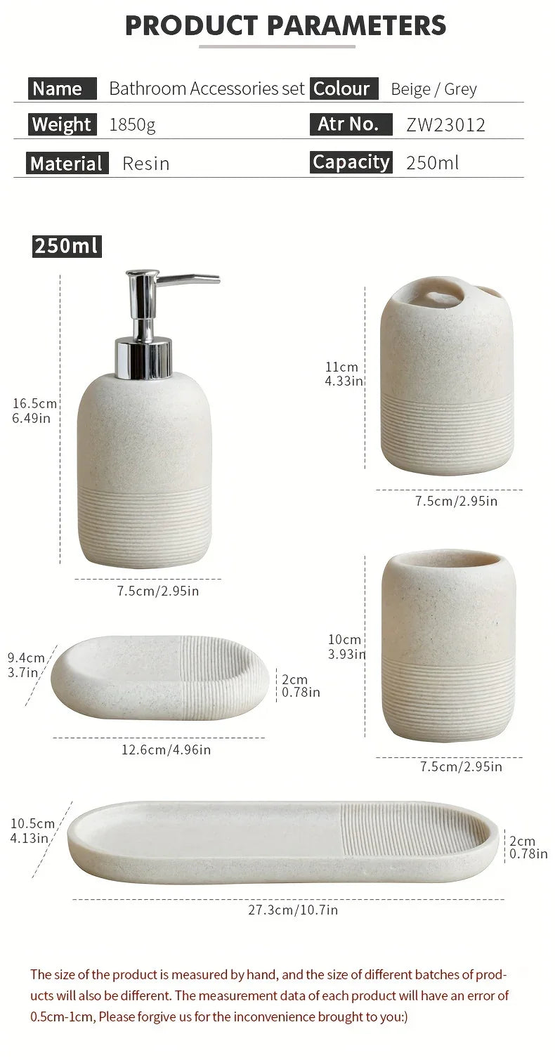 5pcs Bathroom Set: Soap Dispenser, Rinse Cup, Toothbrush Holder, Soap Dish, Tray - Yellow Sandstone Texture