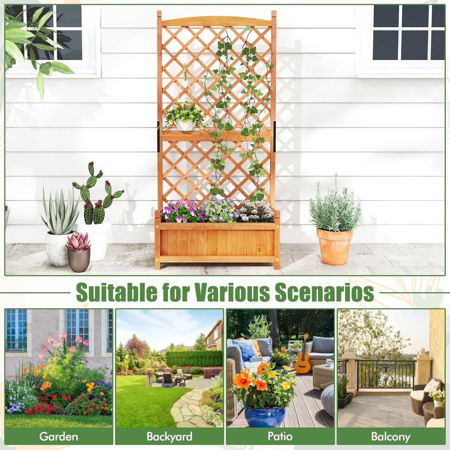 60 Inch Tall Raised Garden Bed with Diamond Lattice Trellis and Drainage Holes