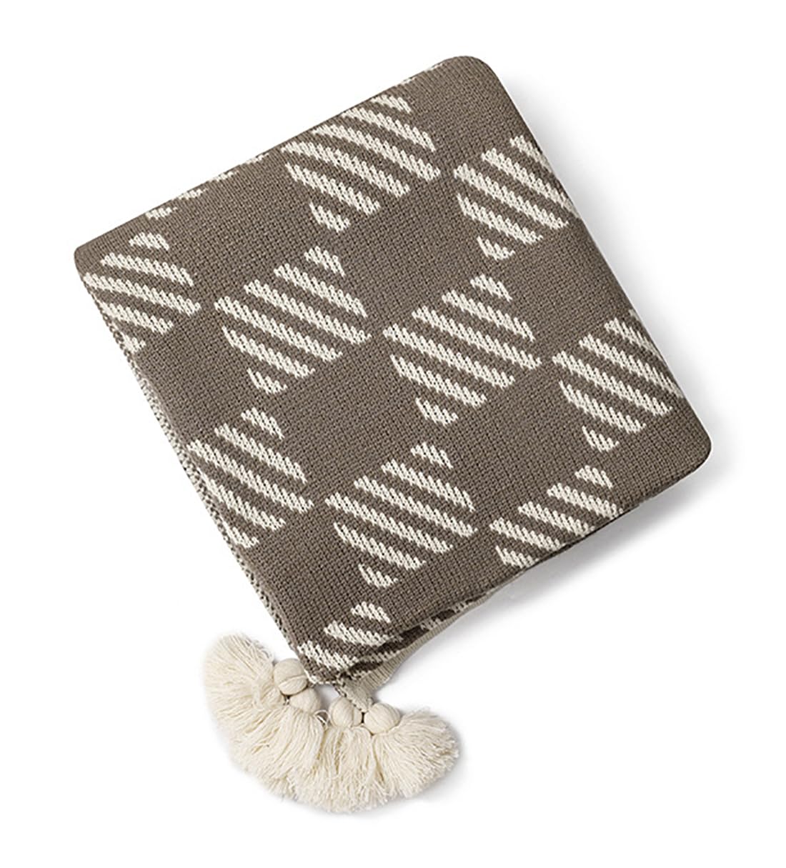 Fennco Styles Checkered Knit Throw Blanket with Tassel 50" W x 60" L – Brown Geometric Pattern Lightweight Blanket for Indoor Outdoor, Couch, Bedroom, Living Room and Office Décor