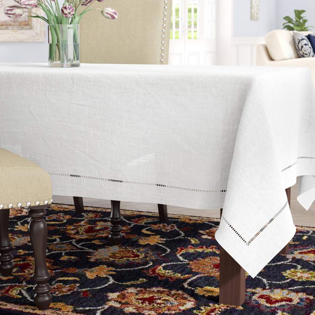 Fennco Styles Basic Collection Classic Handmade Hemstitch Trim Border 100% Pure Linen Tablecloth