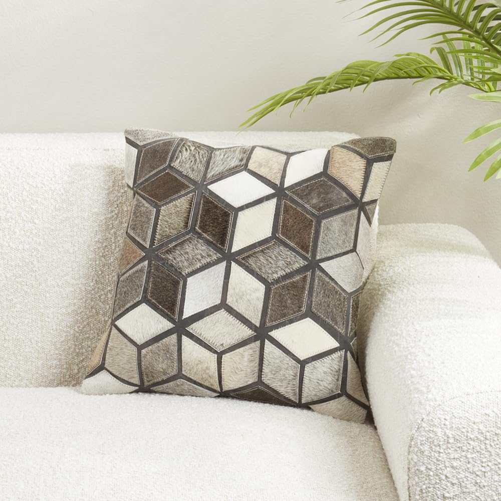Fennco Styles Diamond Patchwork Hair On Leather Decorative Throw Pillow Cover 16" W x 16" L - Black & White Cushion Case for Home, Couch, Bedroom, Living Room and Office Décor