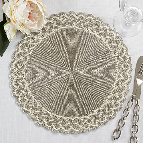 Fennco Styles Elegant Hand Beaded Design Placemat 14" Round, 1-Piece – Silver Table Mat for Banquets, Family Gathering, Special Events and Home Décor