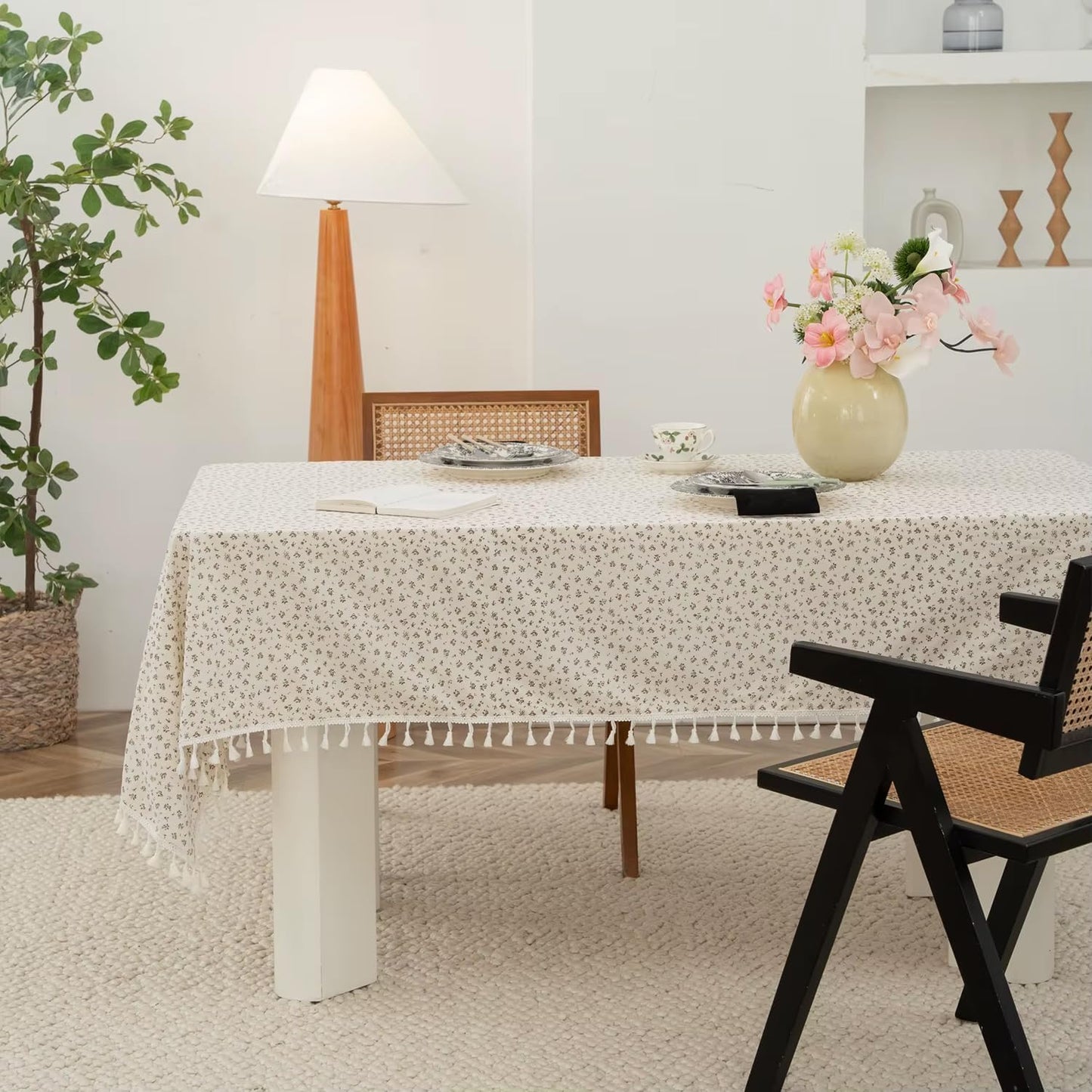 Fennco Styles Spring Floral White Cotton Tablecloth with Tassel – 56" W X 56" L Delicate Botanical Print Table Cover for Dining Room, Tea Party, Banquet or Spring Decor