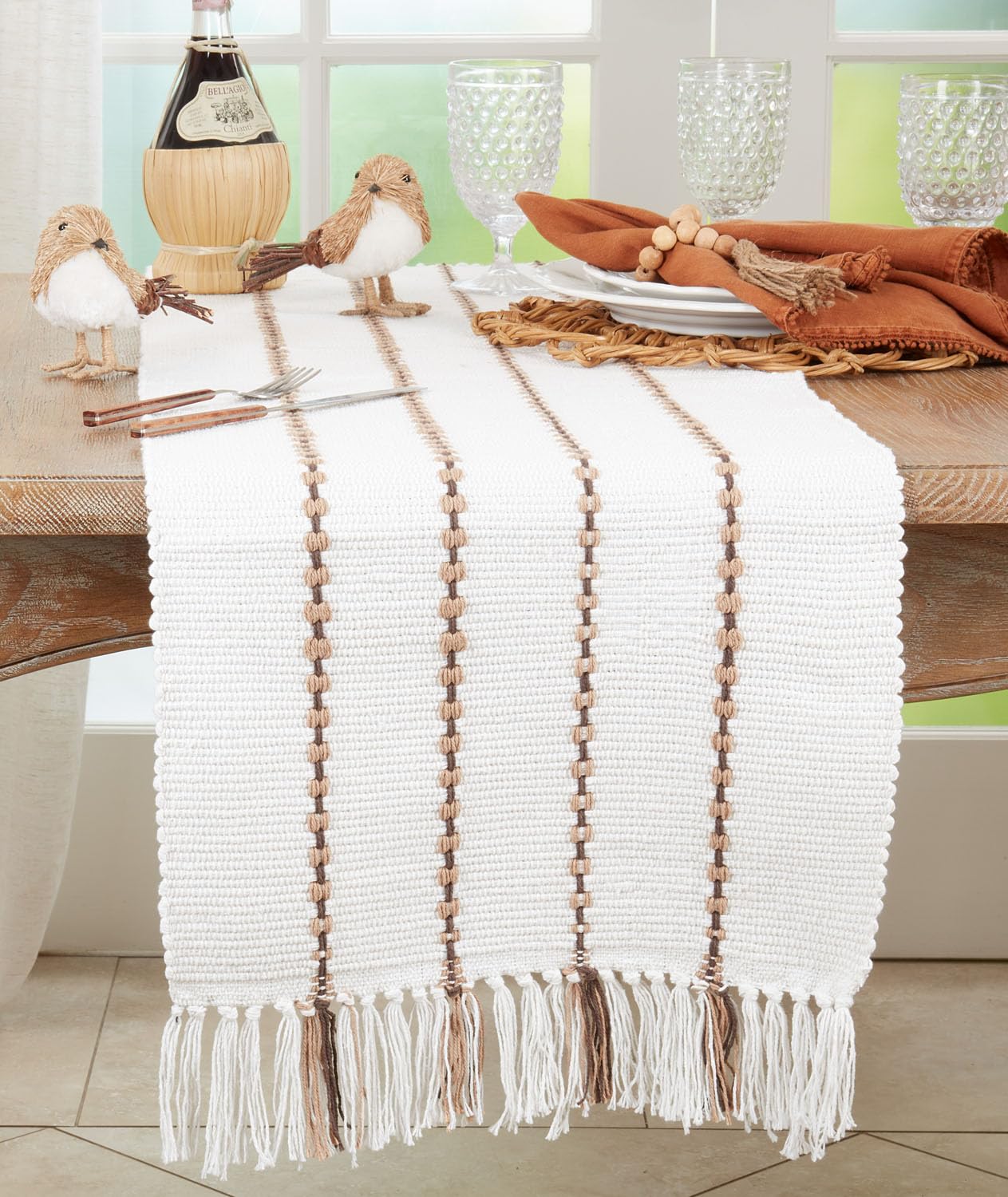 Fennco Styles Stripe Design Tassel Cotton Table Runner 16" W X 72" L - Ivory Woven Table Cover for Home, Dining Table, Banquets, Thanksgiving, Christmas, Holidays and Special Occasion