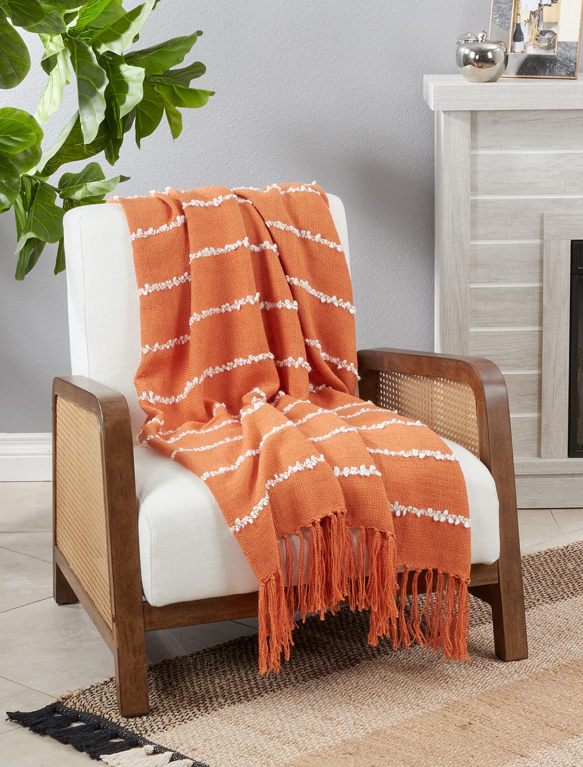 Fennco Styles Striped Design Tassel Throw Blanket 50" W x 60" L – Rust Woven Textured Blanket for Bed, Couch, Sofa, Holidays, Home Décor and Office Décor