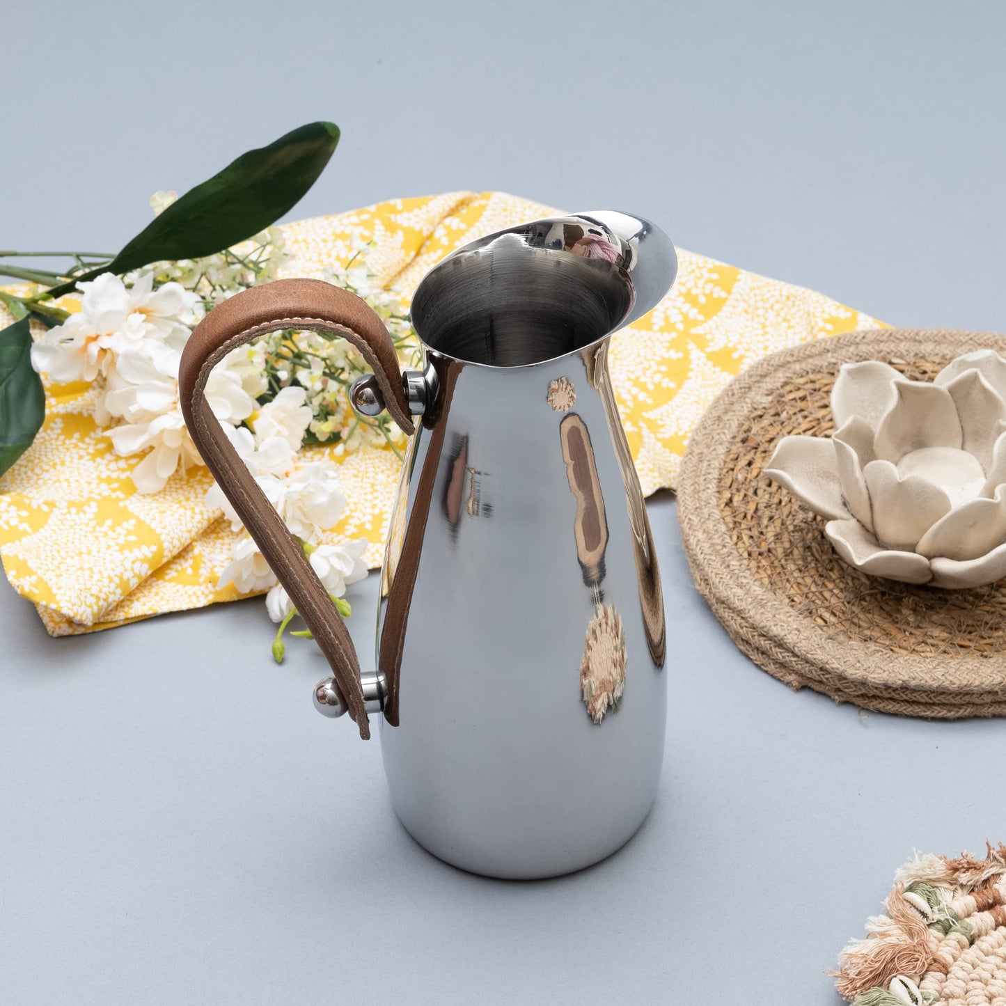 Silver Stainless Steel Water Pitcher, Leather Handle
