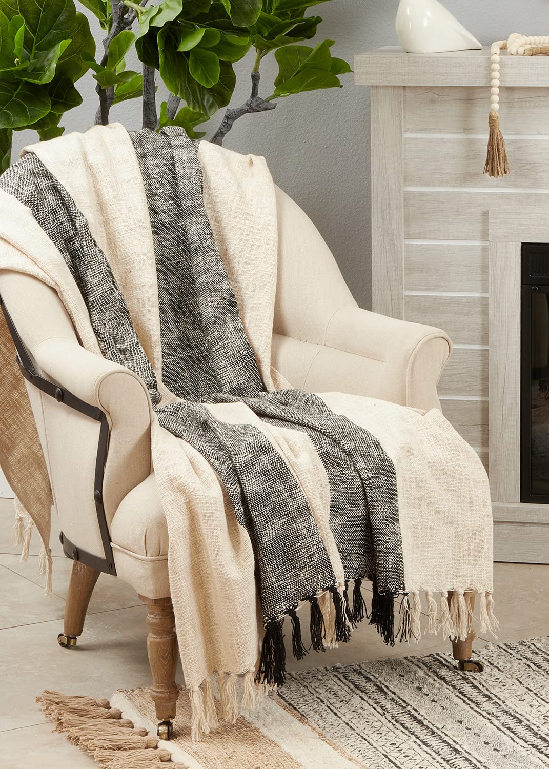 Fennco Styles Striped Cotton Throw Blanket with Tassel 50" W x 60" L – Natural Blanket for Couch, Bedroom and Living Room Décor