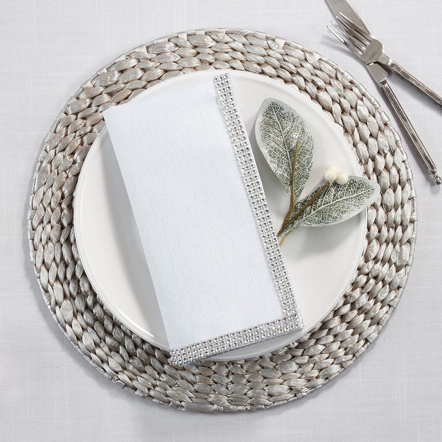 Fennco Styles Elegant Lily Collection Studded Design Cloth Napkins 20" W x 20" L, Set of 4 - White Rhinestone Dinner Napkins for Dining Table, Banquets, Family Gathering and Special Occasion