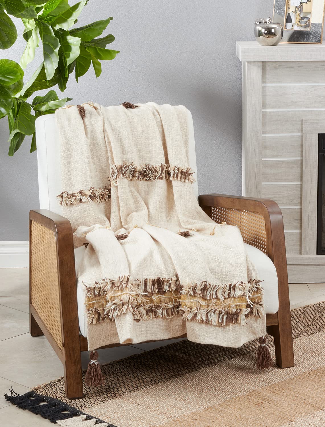 Fennco Styles Handmade Fringe Boho Cotton Throw Blanket 48" W x 72" L – Ivory Woven Tassel Blanket for Bed, Couch, Sofa, Holidays, Home Décor and Office Décor