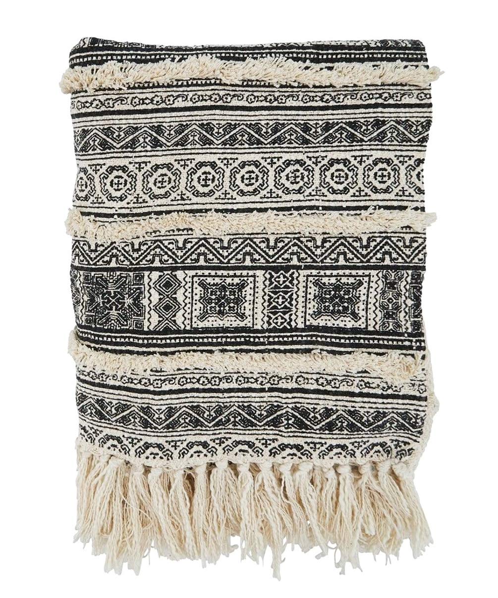 Fennco Styles Block Print Embellished Cotton Throw Blanket with Tassel 50" W x 60" L – Black Tufted Blanket for Couch, Bedroom and Living Room Décor