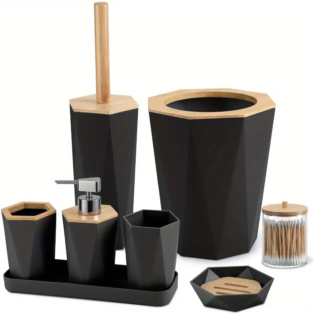 8pcs Bathroom Accessory Sets - Includes Toothbrush Holder, Cup, Soap Dispenser, Dish, Swab Box, Lotion Bottle, Toilet Brush, and Trash Can, Bathroom Supplies, Ideal Housewarming Gift, Bathroom Decor and Accessories