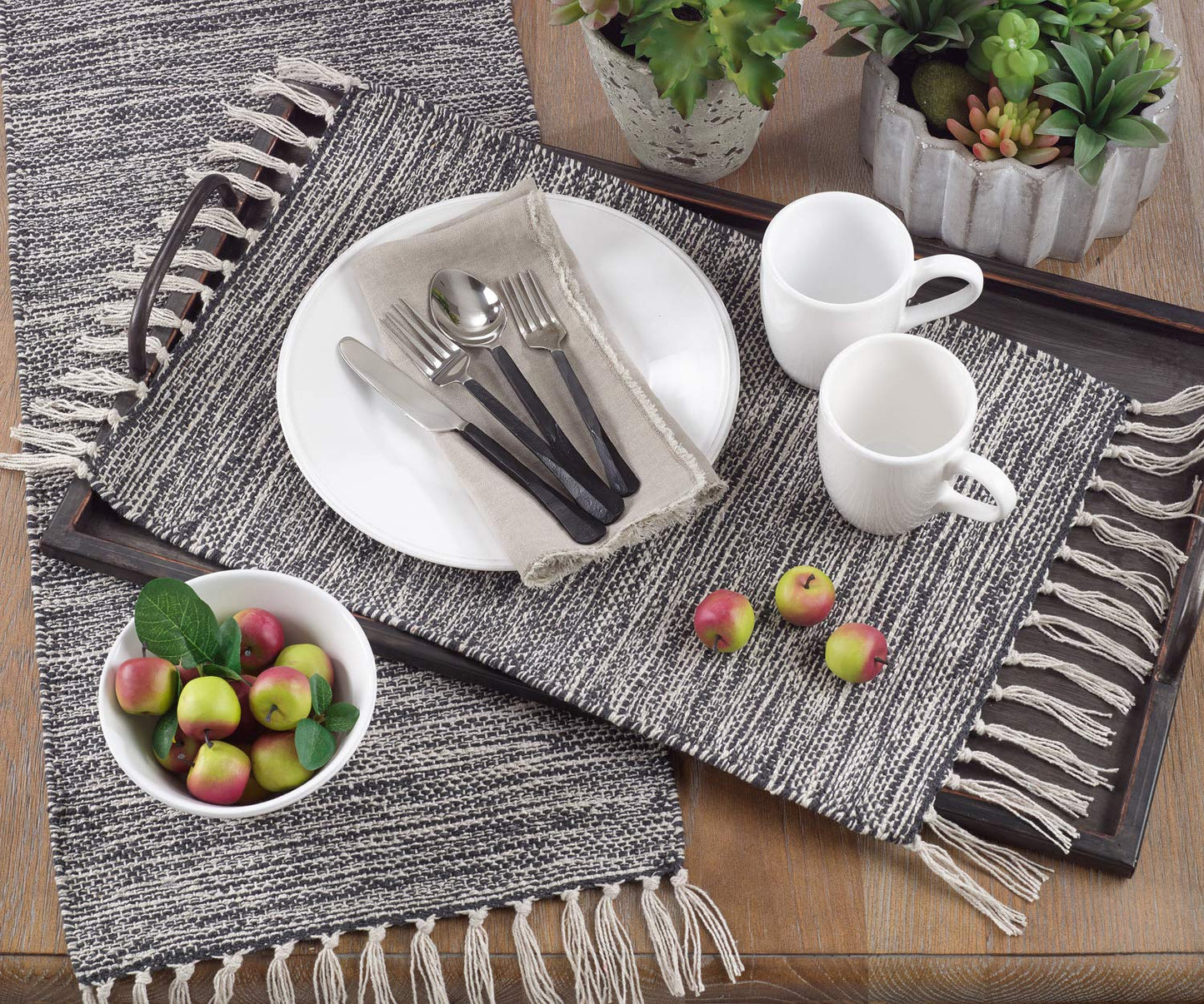Fennco Styles Classic Black Tassels 100% Cotton Table Placemat - Set of 4 (14"x20" Placemat - Set of 4)