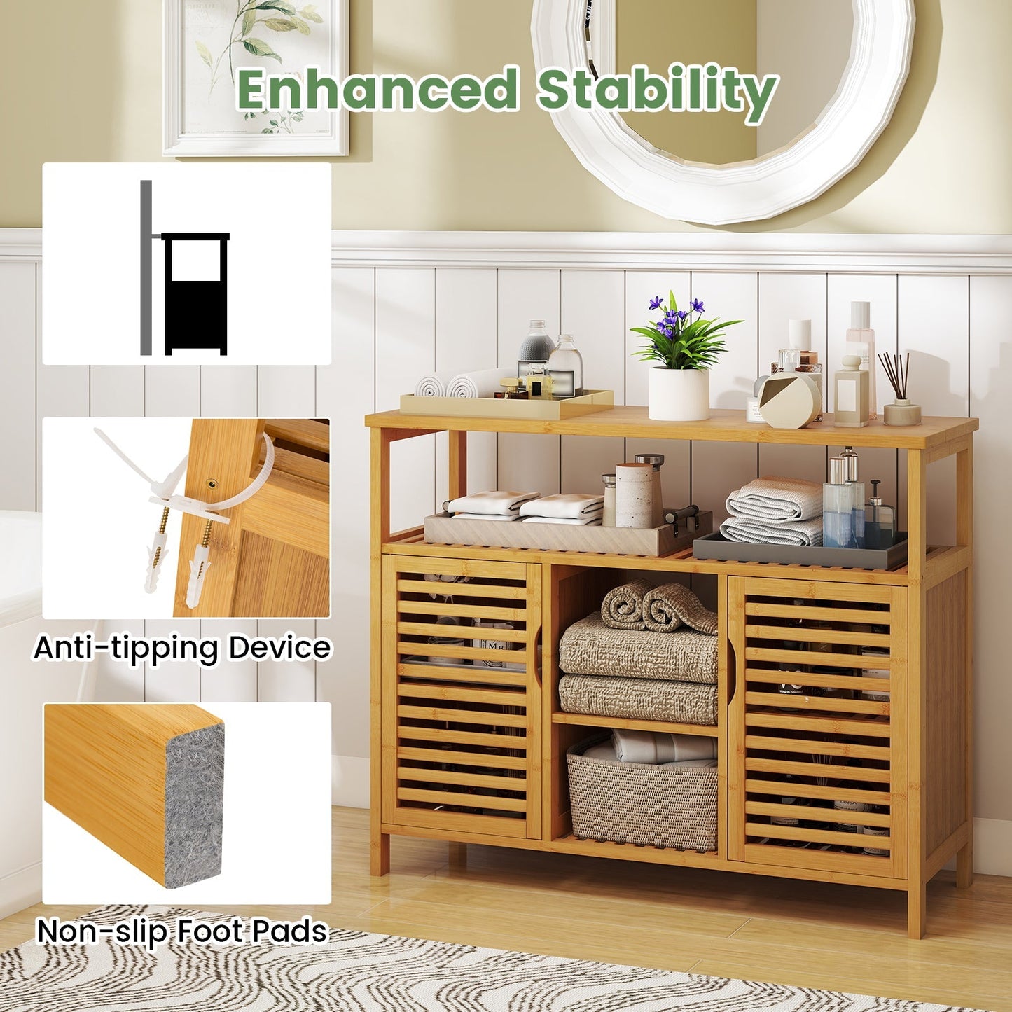 Bamboo Bathroom Cabinet with Shelves and Doors-Natural