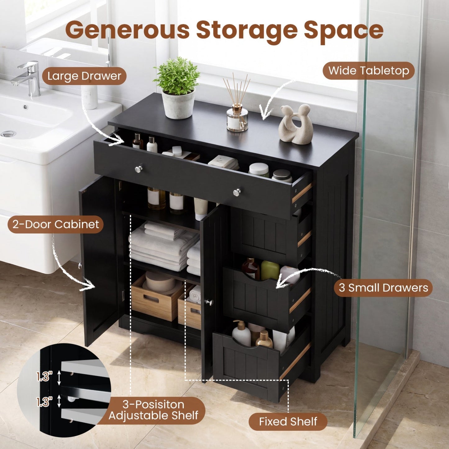 Bathroom Floor Cabinet with 4 Drawers and 2 Doors - White