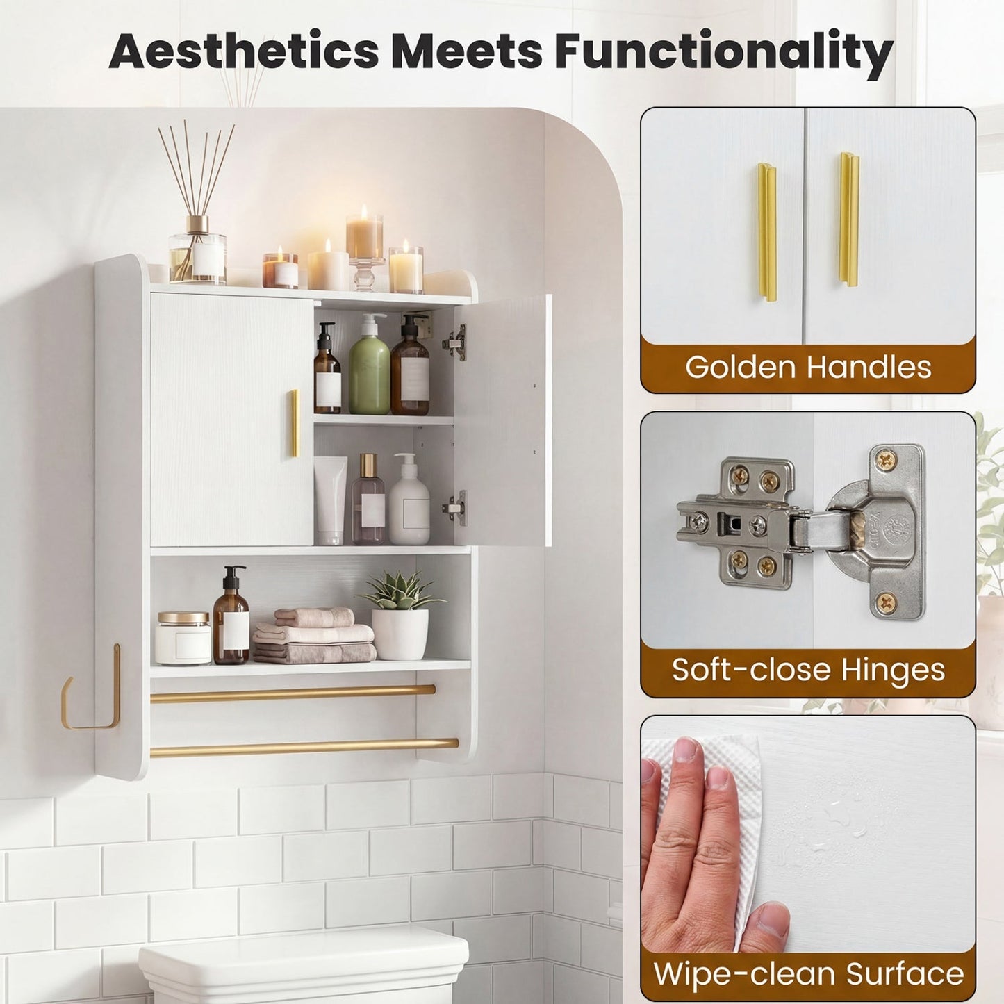 Wall Mounted Bathroom Cabinet with Towel Bars and Adjustable Shelf