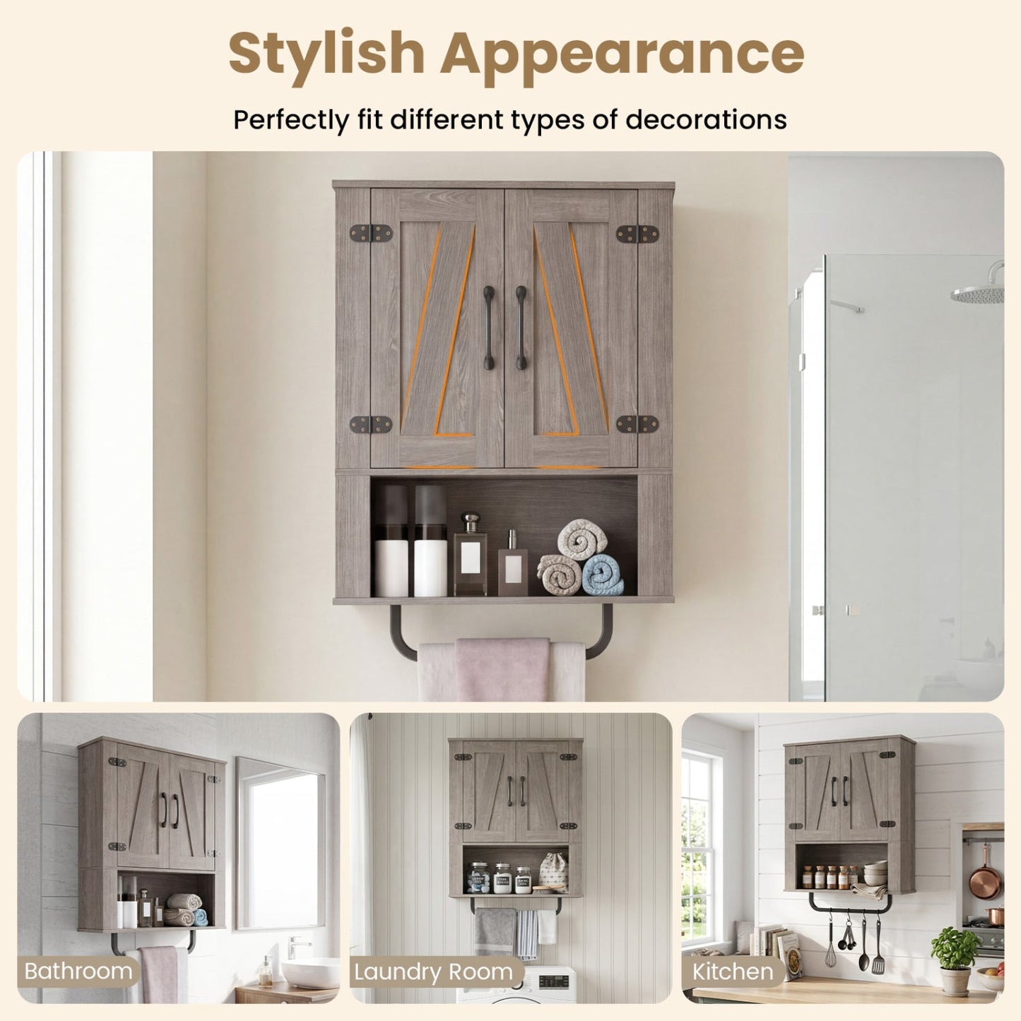 Bathroom Wall Cabinet with Barn Doors and Towel Bar