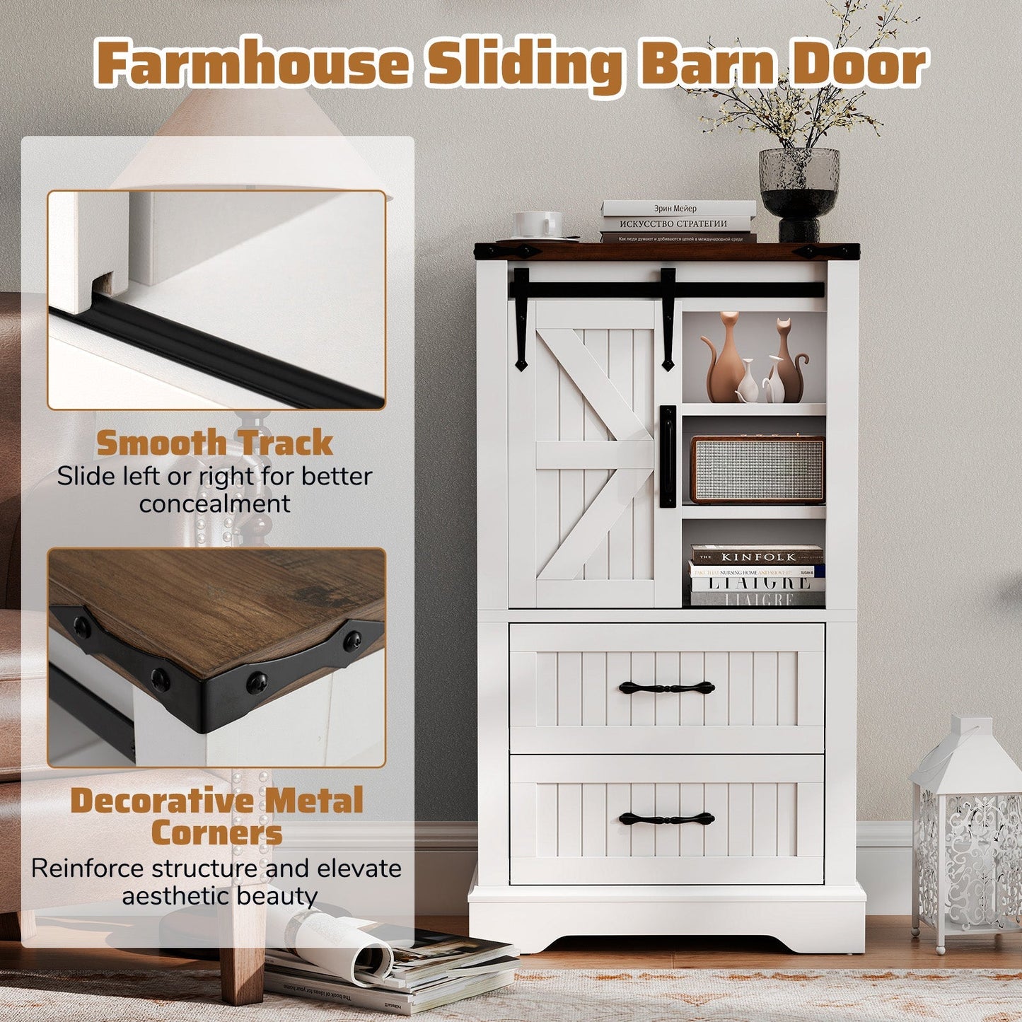 Farmhouse Bathroom Floor Cabinet Freestanding Wooden Storage Organizer-White