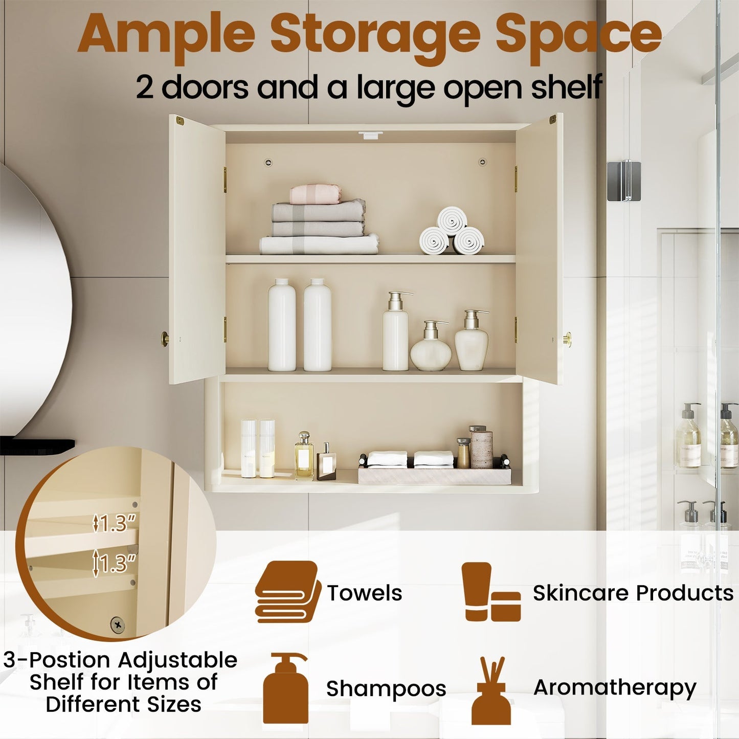 Fluted Bathroom Wall Cabinet with Open Shelf