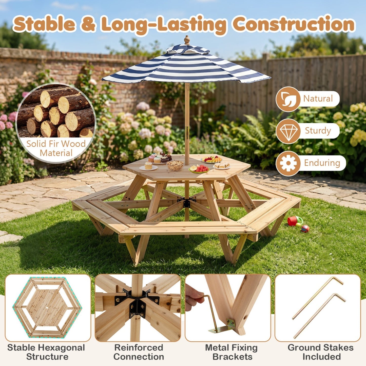 Kids Hexagonal Picnic Table with Umbrella and 6 Benches