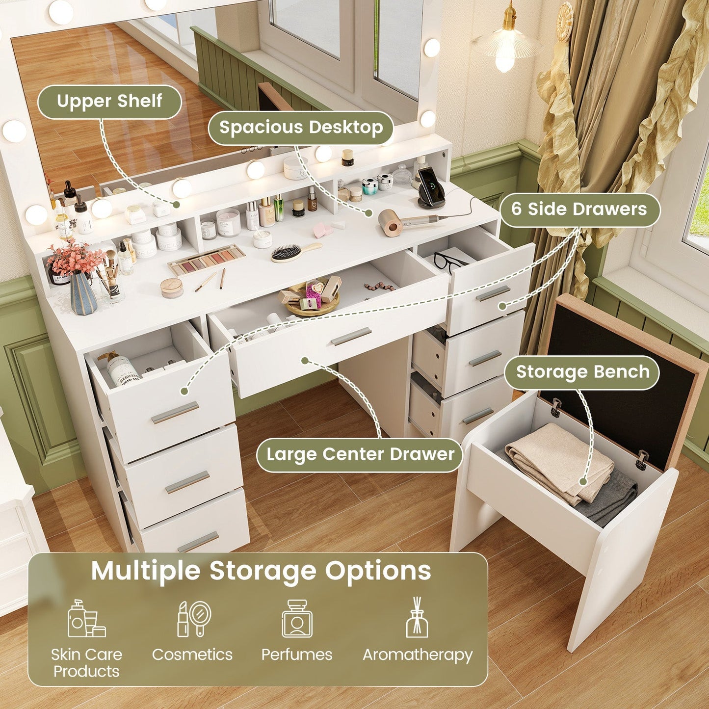 Makeup Vanity Desk with Mirror 3-Color LED Lights and Charging Station