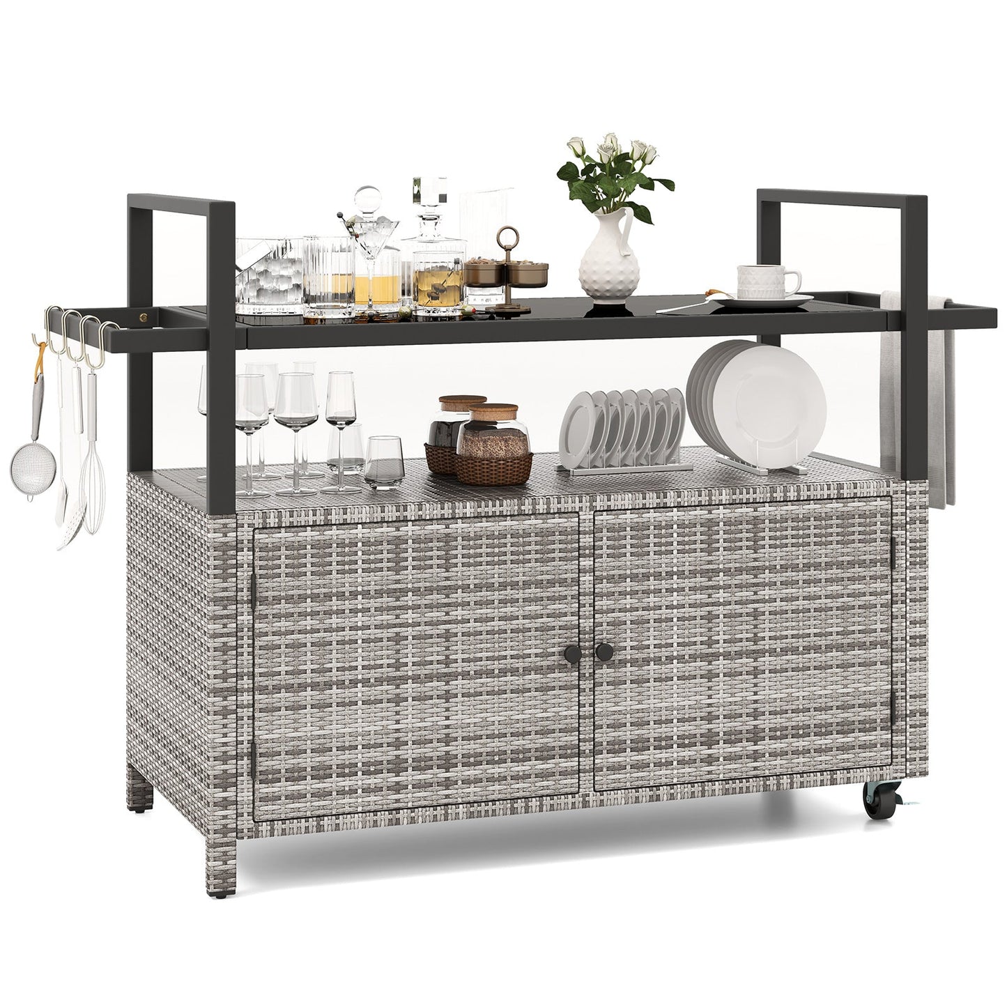Outdoor Bar Cart Wicker Buffet Serving Cart with Cabinet and 8 Hooks