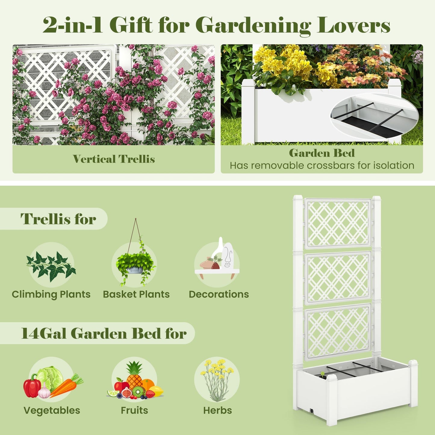Outdoor Planter Box Self-Watering Raised Garden Bed Trellis with Water Level Indicator