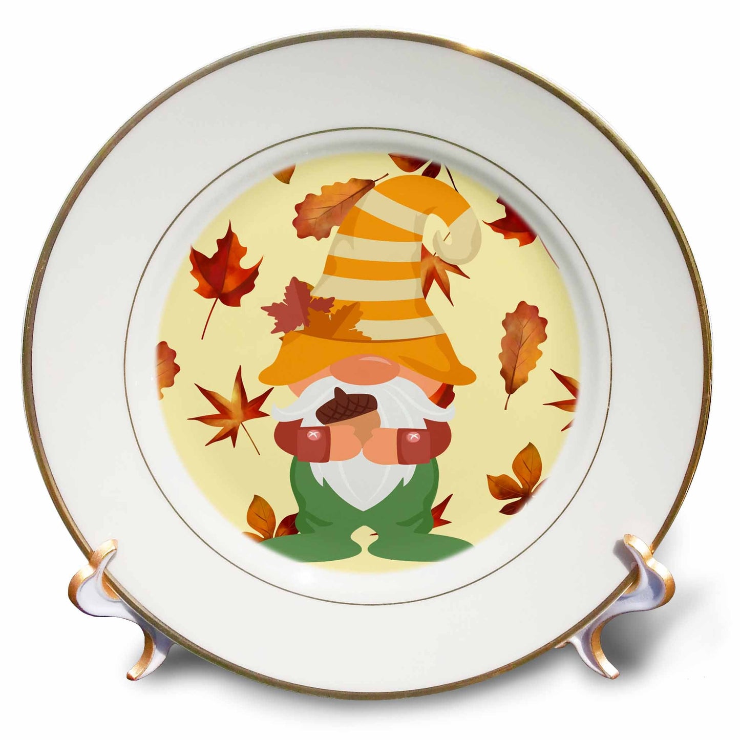 3dRose Autumn Gnome with Acorn Brown Orange Fall Leaves, 3dramm - Plates (cp_349570)
