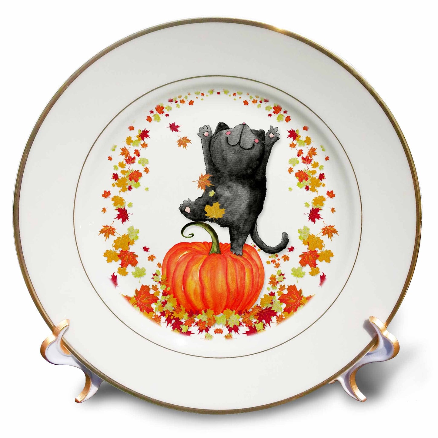 3dRose Dancing Black Cat on a Pumpkin Autumn Harvest Falling Leaves - Plates (cp-360902)