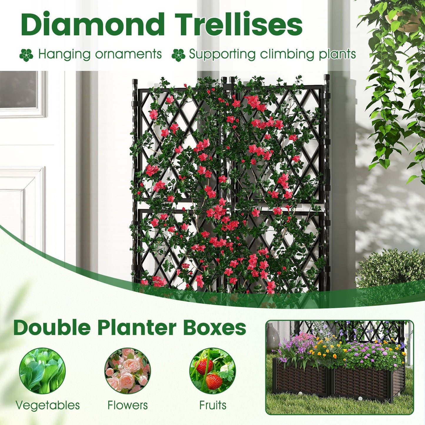 Raised Garden Bed with Lattice Trellis Drainage Self-Watering Elevated Vertical Planter Boxes-Black