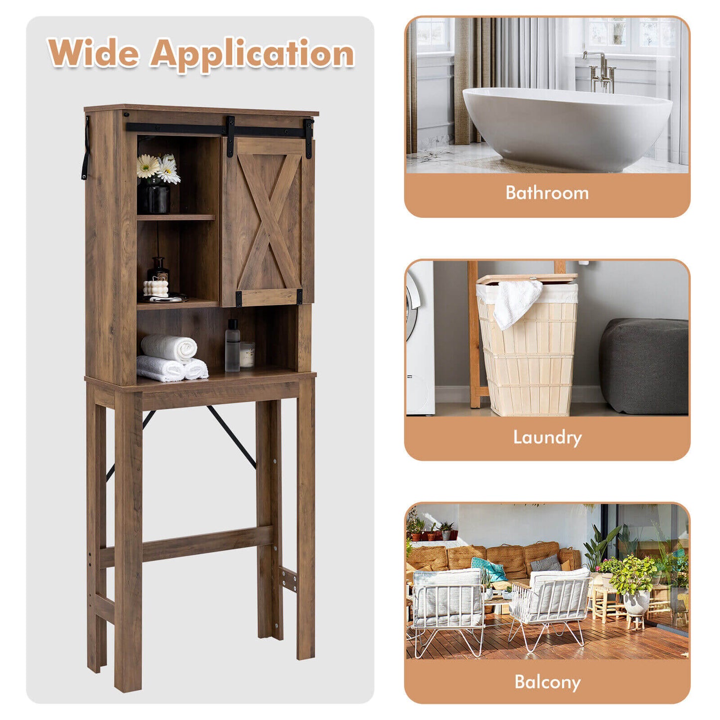 Wooden Bathroom Storage Cabinet with Sliding Barn Door and 3-level Adjustable Shelves-Rustic Brown