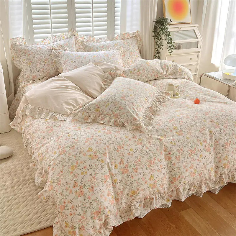 Bonenjoy Pink Color Duvet Cover with Ruffles 100%Cotton Flower Printed housse de couette for Girls Pure Cotton Bed Cover King
