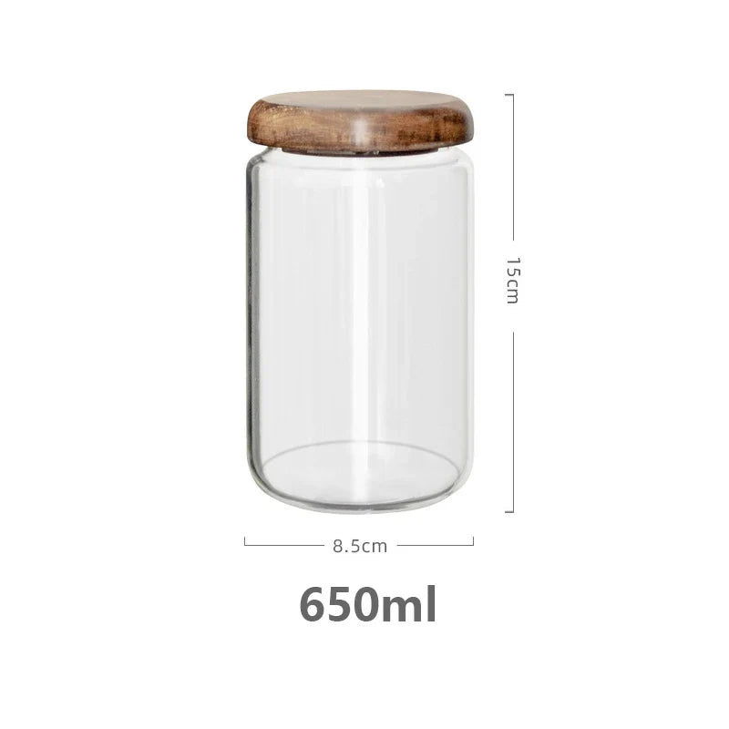 KEMORELA Transparent Food Storage Container Jar Acacia Wood Round Tea Jar Dried Fruit Snacks Kitchen Glass Sealed Storage Jar