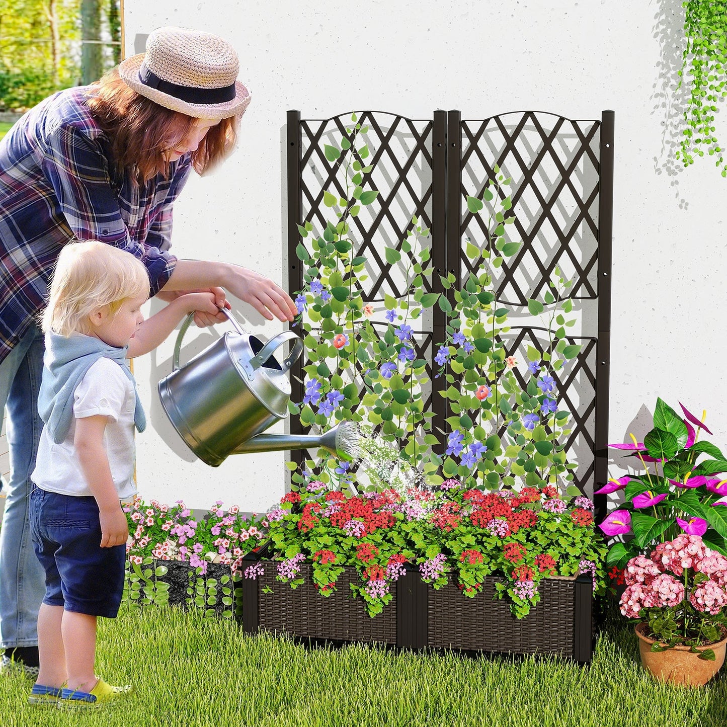 Set of 2 PE Rattan Raised Garden Bed with Trellis Planter Box for Climbing Plants-Rustic Brown