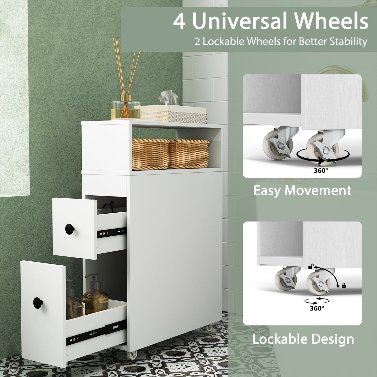 Slim Bathroom Cabinet Wooden Toilet Organizer with Deep Slide Out Drawers