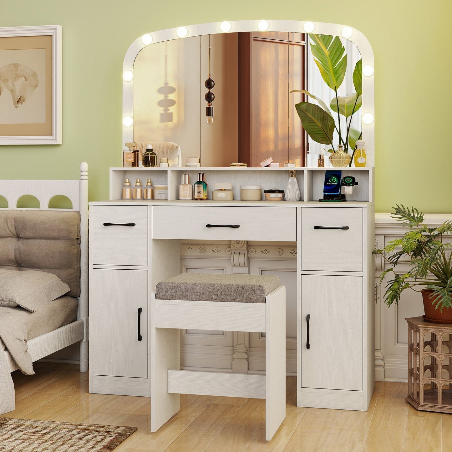 Vanity Desk Makeup Table with Stool 3-Color Lights and Charging Station