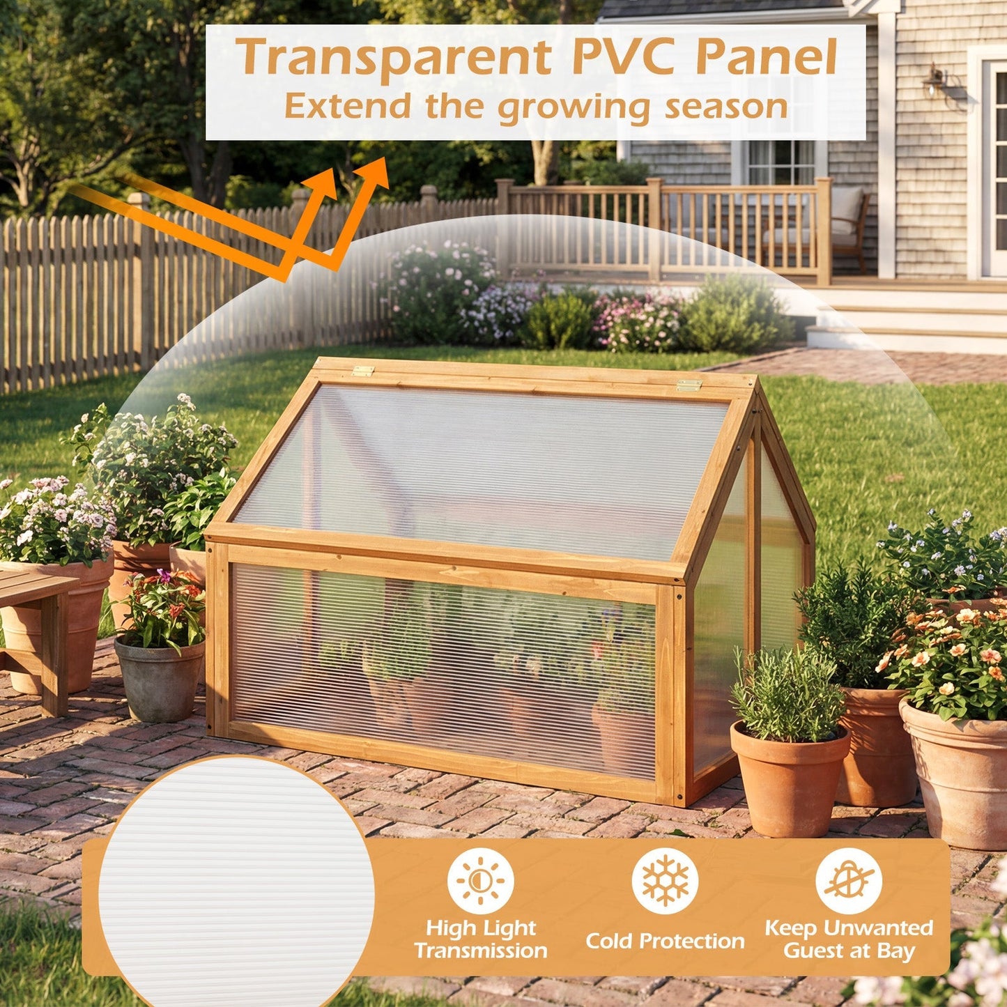 Wood Cold Frame Greenhouse Raised Flower Planter Protection with Transparent Openable Roof-Orange