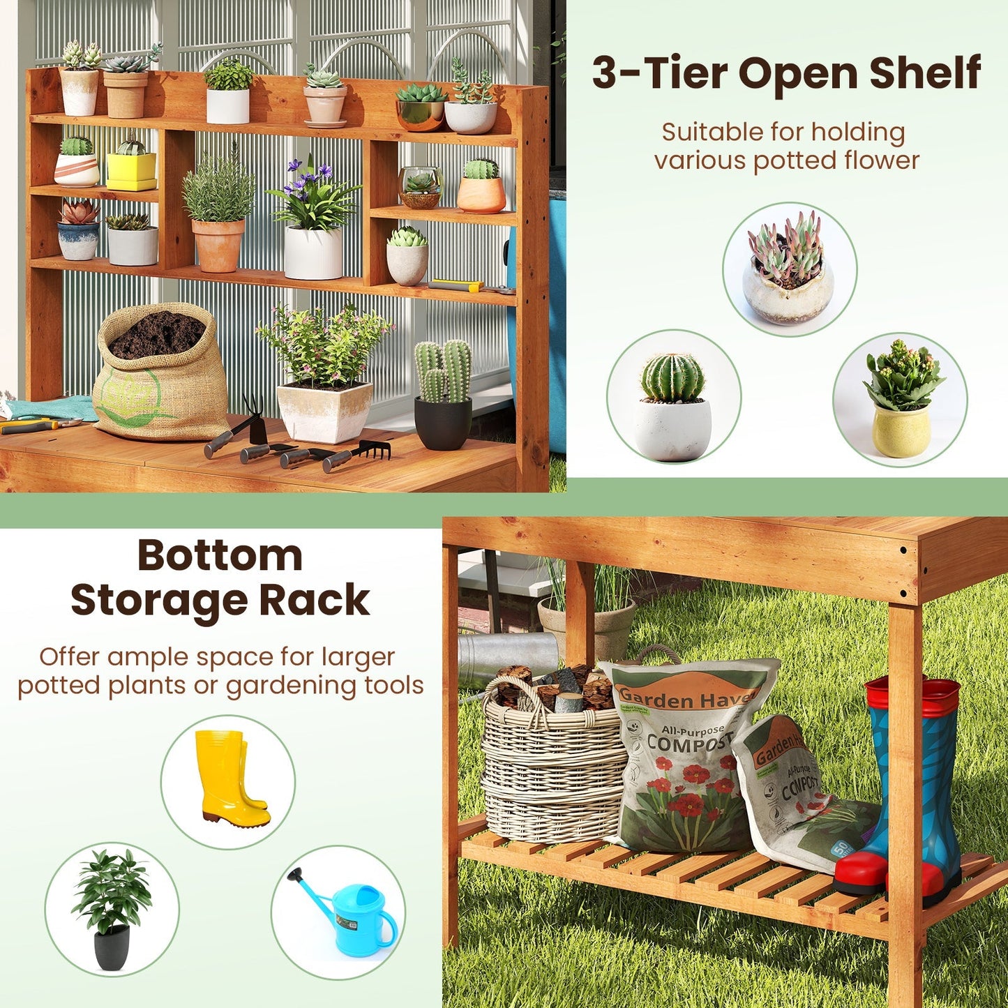 Wooden Potting Bench Table 61" Garden Planting Workstation with 3-Tier Open Shelf-Brown