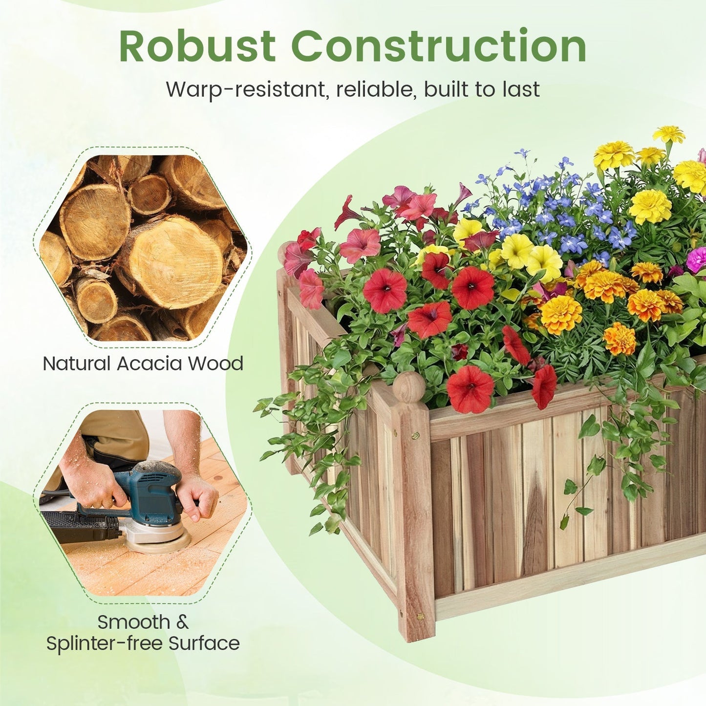 Wooden Raised Garden Bed Natural Acacia Wood Rectangular Planter Box with Liner-Natural