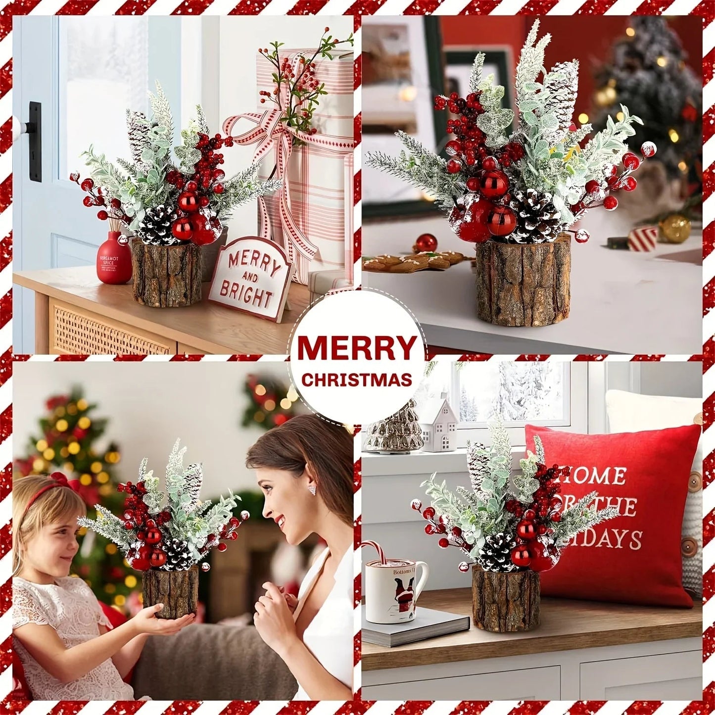 Artificial Mini Christmas Tree Centerpiece with Red Berries, Pine Cones, and Greenery in Faux Tree Stump