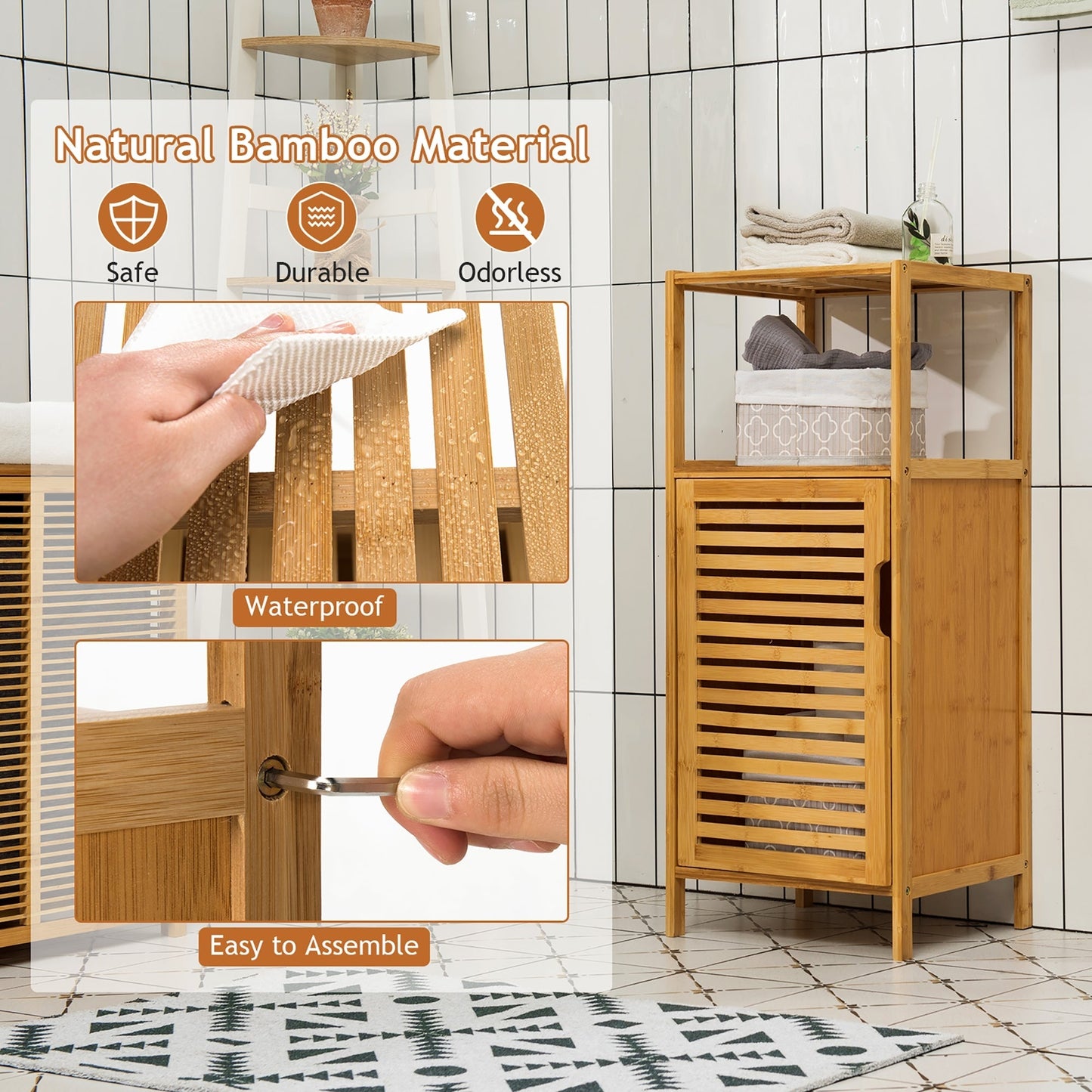 Bamboo Bathroom Storage Floor Cabinet with Door and Shelf Corner Cabinet